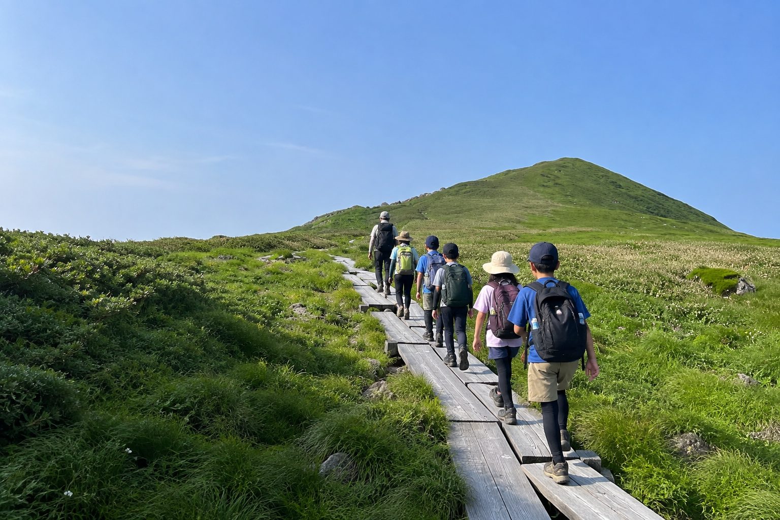 月山の木道を、山頂に向かって一列で歩く子どもたちと指導者